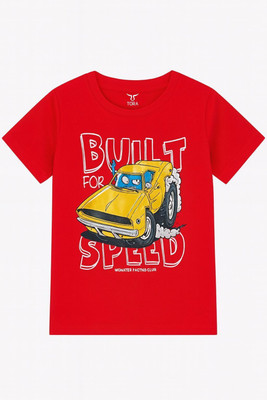 Tora Boys Printed Cotton Blend Regular T Shirt(Red, Pack of 1)
