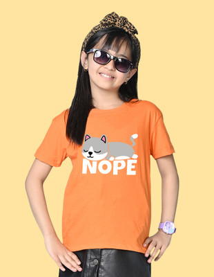 Nusyl Girls Graphic Print Cotton Blend Oversized T Shirt(Orange, Pack of 1)