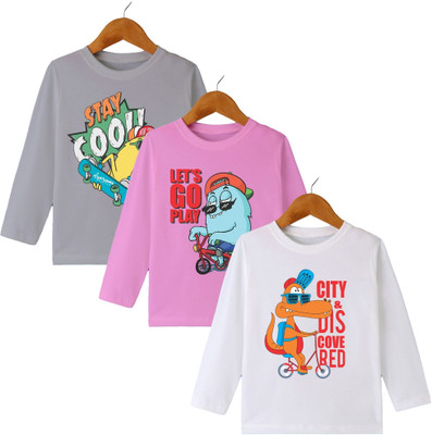 MYO Boys & Girls Printed Cotton Blend Regular T Shirt(Multicolor, Pack of 3)