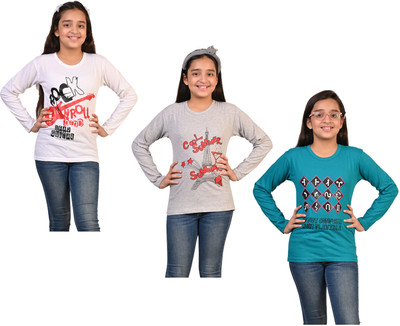IndiWeaves Girls Printed Pure Cotton Regular T Shirt(Multicolor, Pack of 3)