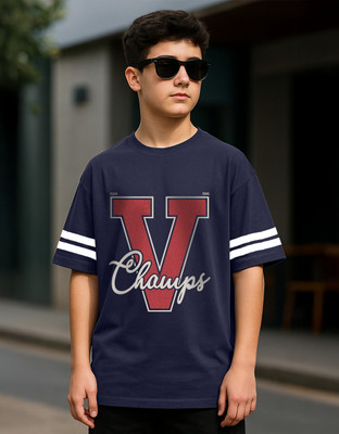 Veirdo Boys Printed Pure Cotton Oversized T Shirt(Dark Blue, Pack of 1)