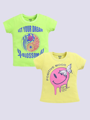 KIDCITY Girls Graphic Print Cotton Blend Regular T Shirt(Multicolor, Pack of 2)