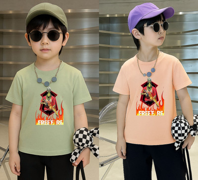 Lecowar Boys Graphic Print Polyester Regular T Shirt(Green, Pink, Pack of 2)