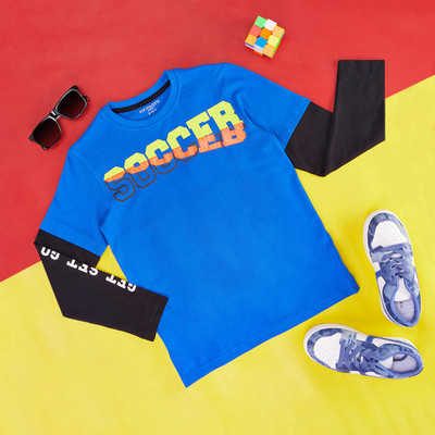 Pantaloons Junior Boys Printed Pure Cotton Regular T Shirt(Blue, Pack of 1)