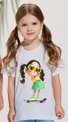 BQC Girls Printed Polyester Regular T Shirt(White, Pack of 1)