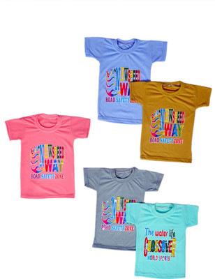 HouseOfCommon Baby Boys Typography Cotton Blend Regular T Shirt(Multicolor, Pack of 5)