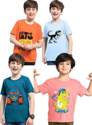 Kiddy Viddy Boys Printed Cotton Blend Regular T Shirt(Orange, Pink, Pack of 4)