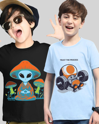 AUSK Boys Printed Cotton Blend Regular T Shirt(Light Blue, Black, Pack of 2)