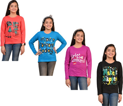 IndiWeaves Girls Graphic Print Pure Cotton Regular T Shirt(Multicolor, Pack of 4)
