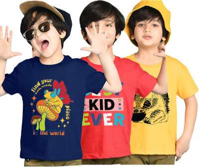 Kiddy Viddy Boys Printed Cotton Blend Regular T Shirt(Blue, Red, Pack of 3)