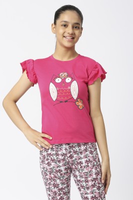 SINI MINI Girls Printed Pure Cotton T Shirt(Multicolor, Pack of 1)