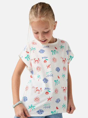 JUNIORS by Babyshop Girls Printed Pure Cotton Regular T Shirt(White, Pack of 1)