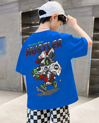 Trip colours Boys Solid, Military Camouflage Cotton Blend Oversized T Shirt(Blue, Pack of 1)