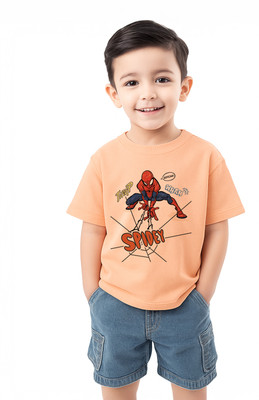 NautiNati Boys Printed Cotton Blend Regular T Shirt(Orange, Pack of 1)