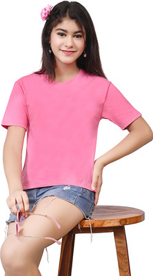 Telesto Girls Solid Pure Cotton Regular T Shirt(Pink, Pack of 1)