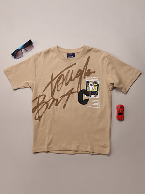 V-MART Boys Printed Cotton Blend Regular T Shirt(Beige, Pack of 1)