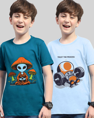 AOOSH Boys Printed Cotton Blend Regular T Shirt(Dark Blue, Light Blue, Pack of 2)
