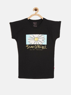 DIXCY SCOTT SLIMZ Girls Printed Cotton Blend Regular T Shirt(Black, Pack of 1)