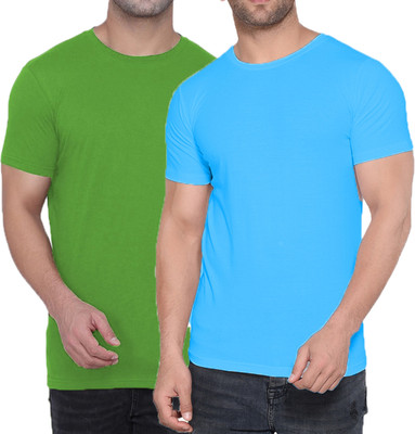 Kroptee Boys Solid Cotton Blend Regular T Shirt(Light Blue, Green, Pack of 2)