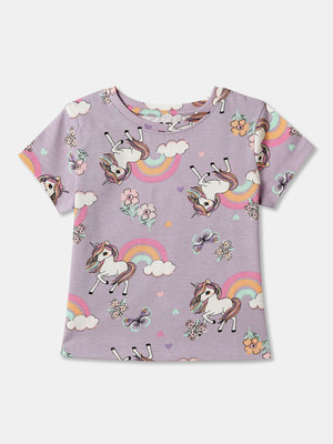R&B Girls Printed Pure Cotton Regular T Shirt(Purple, Pack of 1)