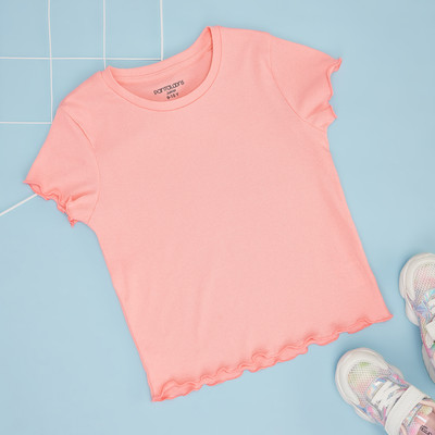 Pantaloons Junior Girls Solid Cotton Blend Regular T Shirt(Pink, Pack of 1)