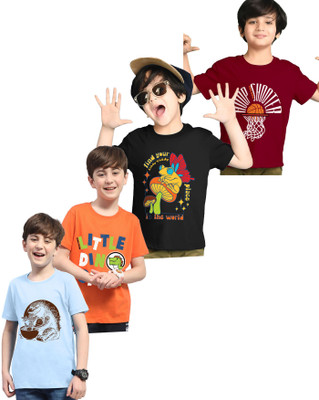 Kiddy Viddy Boys Printed Cotton Blend Regular T Shirt(Orange, Light Blue, Pack of 4)