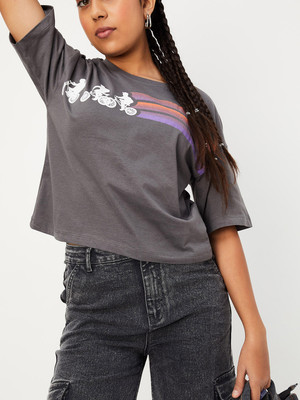 MAX Girls Printed Pure Cotton Regular T Shirt(Grey, Pack of 1)