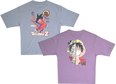 NeuVin Boys & Girls Printed Pure Cotton Regular T Shirt(Grey, Purple, Pack of 2)