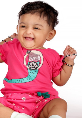 kidzay Baby Boys & Baby Girls Printed Cotton Blend Regular T Shirt(Pink, Pack of 1)