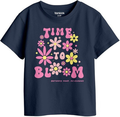 BONKIDS Girls Printed Pure Cotton Regular T Shirt(Dark Blue, Pack of 1)