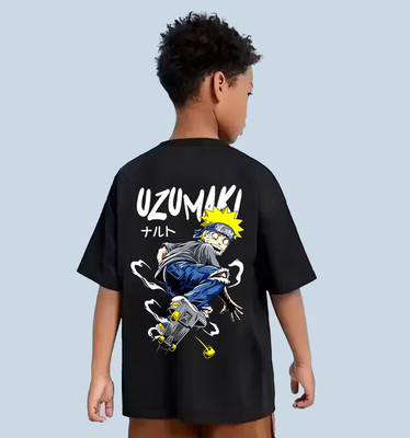 HIPHOPTRENDZ Boys Printed Cotton Blend Oversized T Shirt(Black, Pack of 1)