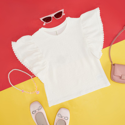 Pantaloons Junior Girls Printed Polyester Regular T Shirt(White, Pack of 1)