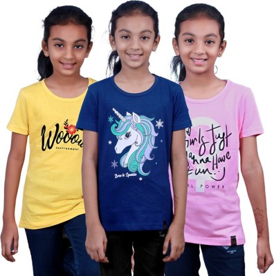 SHANARK Girls Printed Pure Cotton T Shirt(Multicolor, Pack of 3)