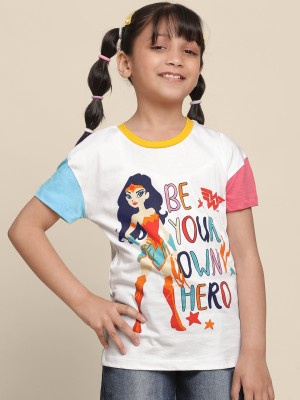 Wonder Woman By Kidsville Girls Typography, Printed Pure Cotton T Shirt(Multicolor, Pack of 1)