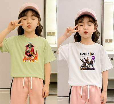 Kintu Parantu Girls Graphic Print Polyester Regular T Shirt(Multicolor, Pack of 2)