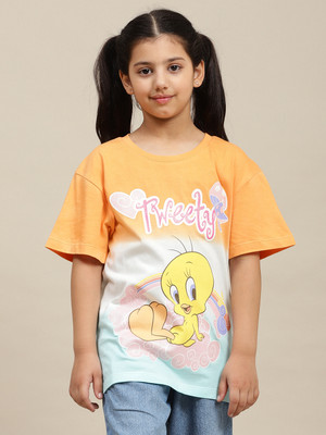 kidsville Baby Girls Printed Pure Cotton Oversized T Shirt(Multicolor, Pack of 1)