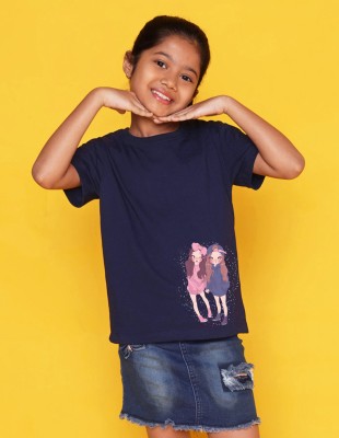 Nusyl Girls Graphic Print Cotton Blend Regular T Shirt(Dark Blue, Pack of 1)