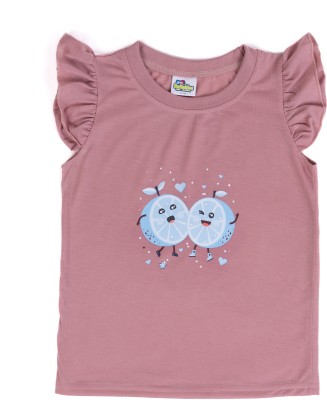 CUTIEKINS Girls Graphic Print Cotton Blend T Shirt(Pink, Pack of 1)