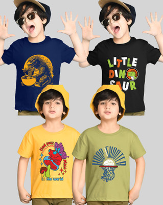 AUSK Boys Printed Cotton Blend Regular T Shirt(Blue, Black, Pack of 4)
