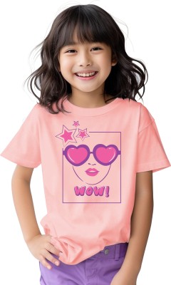 GAGA GROUP Girls Typography, Printed Cotton Blend T Shirt(Pink, Pack of 1)