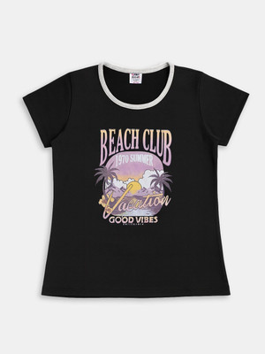 Here&Now X Game Begins Baby Girls Printed Cotton Blend Regular T Shirt(Black, Pack of 1)