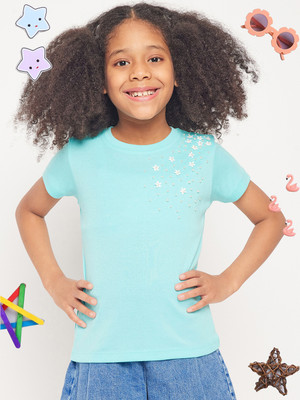 PAMPOLINA Girls Printed Cotton Blend Regular T Shirt(Light Blue, Pack of 1)