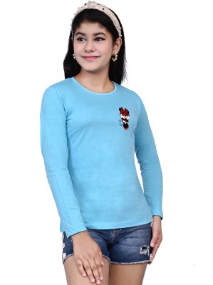 Telesto Girls Printed Cotton Blend Regular T Shirt(Light Blue, Pack of 1)