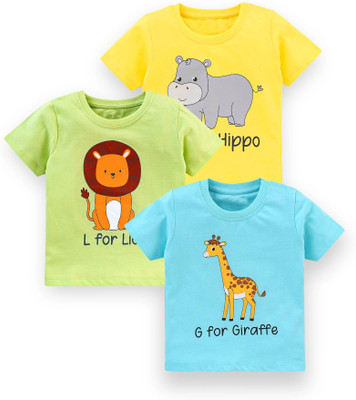 HexaCraft Baby Boys & Baby Girls Animal Print Cotton Blend Regular T Shirt(Multicolor, Pack of 3)