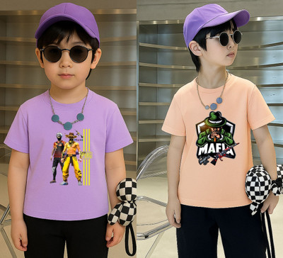 Lecowar Boys Printed Polyester Regular T Shirt(Purple, Pink, Pack of 1)