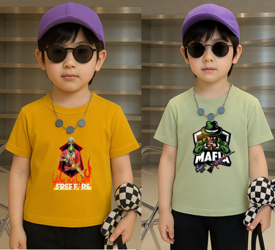 Lecowar Boys Printed Polyester Regular T Shirt(Yellow, Green, Pack of 2)