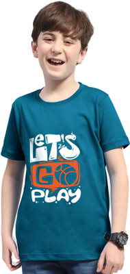 AOOSH Boys Typography Cotton Blend Regular T Shirt(Dark Blue, Pack of 1)