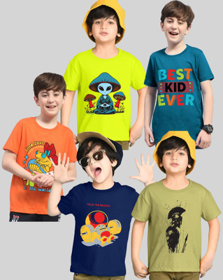 AUSK Boys Printed Cotton Blend Regular T Shirt(Dark Blue, Blue, Pack of 5)