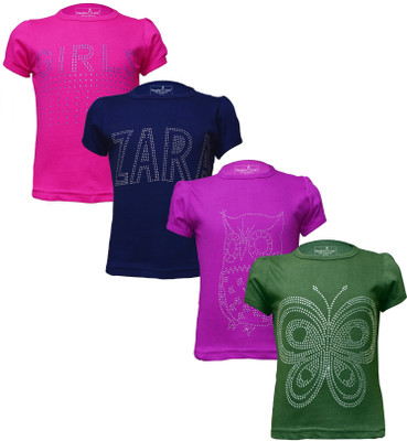 Eazy Trends Girls Printed Pure Cotton Regular T Shirt(Multicolor, Pack of 4)