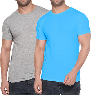 Kroptee Boys Solid Cotton Blend Regular T Shirt(Light Blue, Grey, Pack of 2)
